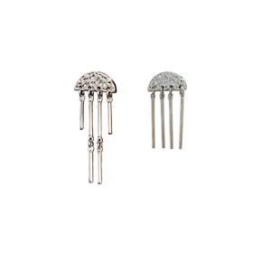 Silver asymmetrical fringe earrings with hammered semi-circle studs and long metal bars