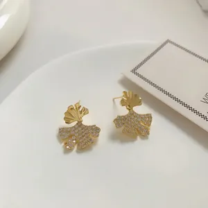 Ginkgo Leaf Stud Earrings Copper With Zircon And 925 Sterling Silver Earring Post Elegant Luxury Korean Style For Women