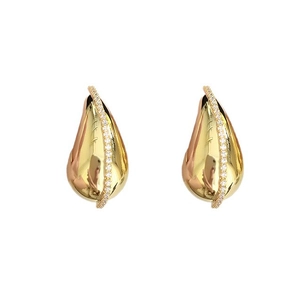 Modern gold plated water drop earrings with diagonal zircon stripe and mirror polish