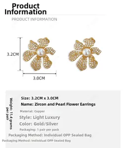 Détails des boucles d'oreilles fleurs plaquées or 18 carats avec perles et oxydes