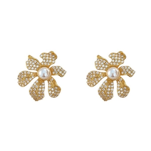Boucles d'oreilles fleurs plaquées or 18 carats avec diamants et perles