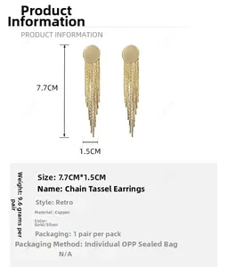 Detail specifications of vintage tassel chain earrings showing dimensions and copper material