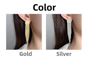 Detail of long fringe tassel earrings in gold and silver finish with circular studs
