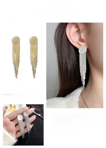 Detail of geometric long fringe earrings with metallic chains in gold and silver finish