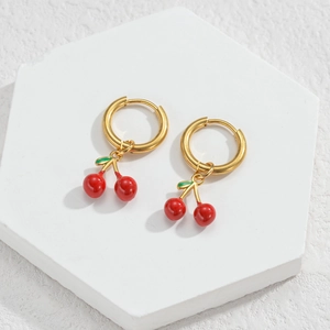 Sweet red ceramic cherry pendant hoop earrings with gold-finished metal hooks