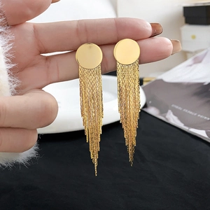Golden round stud earrings with elegant long V-shape chain fringe tassels for women
