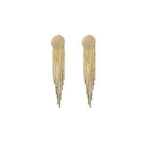 Elegant gold round stud earrings with long tassel chains for a minimalist princess look