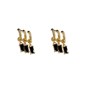 Luxurious 18K gold plated C-shaped earrings with black zircon tassels and triple hoops