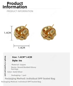 Detailed size chart for spherical woven ball stud earrings in gold plated finish