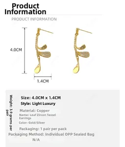 Detailed size chart for leaf tassel earrings with measurements 4.0cm by 1.4cm and 3.9g weight