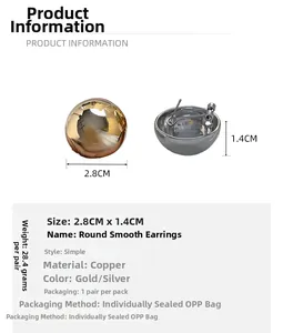 Detailed view of polished 18K gold plated spherical stud earrings with size dimensions
