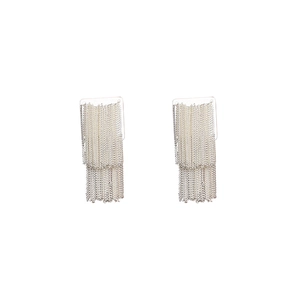 Elegant silver-toned long chain tassel drop earrings in a minimalist layered fringe design