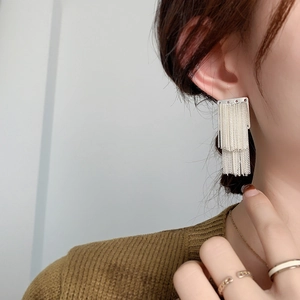 French vintage silver chain tassel earrings with multi-strand fringe and long drop design