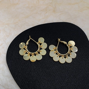 Bohemian style 24K gold plated C-hoop earrings with dangling round sequin tassels
