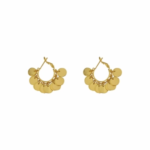 24K gold plated hoop earrings with dangling round sequins in a minimalist metal design