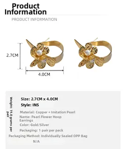 Detailed size and weight specs for gold-plated pearl flower earrings in elegant metal style