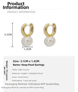 Detailed view showing 3.1cm brass pearl earrings with dimensions and gold finish specs