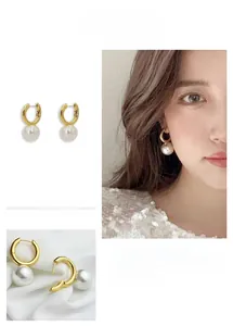 Detail shot of 18K gold plated hoop earrings with pearls and model lifestyle view