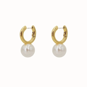 Detailed view of 18K gold plated brass hoop earrings with elegant white hanging pearls