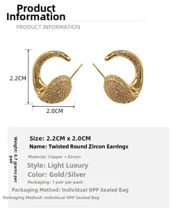 Detailed view of gold twisted round earrings with zircons showing 2.2cm size measurement