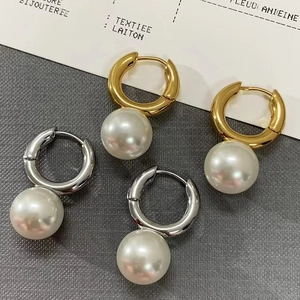 Elegant Artificial Pearl Hoop Drop Earrings 18K Gold Plated Brass Minimalist French Style Jewelry For Women