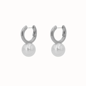 Elegant 18K gold plated brass hoop earrings featuring white round pearls on white backdrop