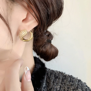 Luxurious gold-plated C-shaped hoop earrings with sparkling micro-pave zircons for women