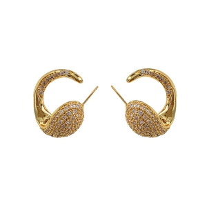 Luxurious gold-plated C-shaped stud earrings featuring micro-pave cubic zirconia crystals