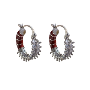 Hoop earrings with red enamel and sparkling clear cubic zirconia on silver metal