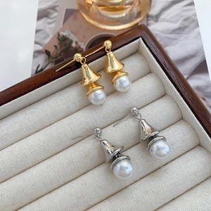 Vintage Bell Dangle Earrings Copper Gold Plated With Faux Artificial Pearl Elegant Chinese Style Jewelry Accessories For Women