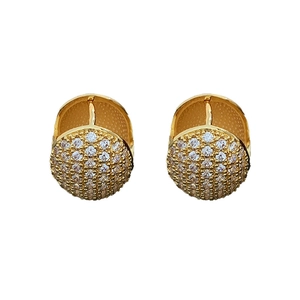 Gold plated hoop earrings with pave set white cubic zirconia on white background