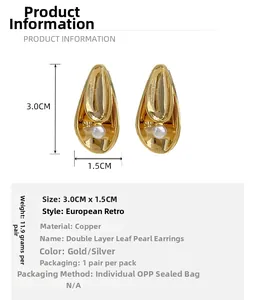 Detail specifications of double leaf pearl earrings showing size 3.0CM and copper material