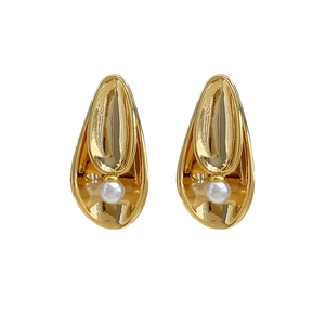 Minimalist double layer leaf pearl earrings with 24K gold plated brass finish