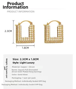 Detail view of 24K gold plated geometric earrings with full zircon inlay and dimensions