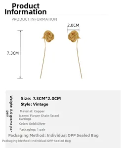 Detail view of gold flower tassel earrings with precise size dimensions and 7.3cm length