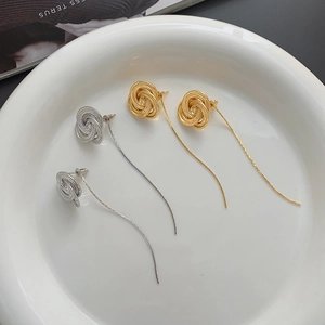 24K gold plated rose flower stud earrings with long chain tassels in gold and silver