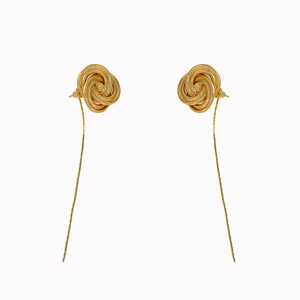 24K gold plated long chain tassel earrings with minimalist twisted knot design on white background