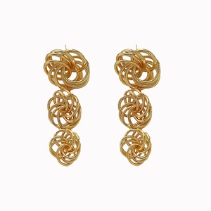 Three-tier hollow sphere gold plated drop earrings with intricate wire-wrapped texture