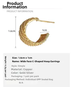 Detailed dimensions of C-shaped vintage gold earrings with textured grain finish