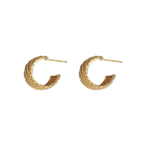 Chic gold-plated C-shaped wide hoop earrings with intricate vintage textured relief finish