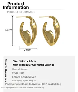 Detailed size specifications for irregular geometric gold earrings made of copper material