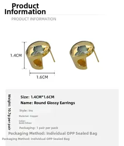 Macro detail of high-polish geometric 18k gold plated copper stud earrings with size guide