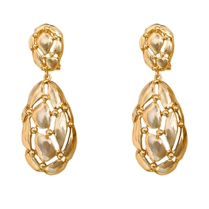 Retro hollowed gold-plated tassel earrings with organic texture on white background