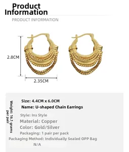 Detailed view of gold U-shaped chain earrings with dimensions and material specs
