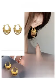 Detailed close-up of 18K gold-plated U-shaped multi-layer chain earrings showing texture