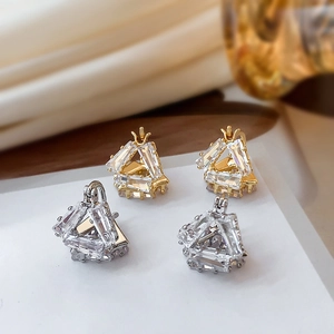 Geometric Triangle Hoop Earrings Copper Zircon Encrusted Baguette Clear Stone Mini Huggie Fashion Jewelry For Women