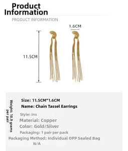Macro shot showing 11.5cm long tassel chain earrings made of 18K gold plated brass