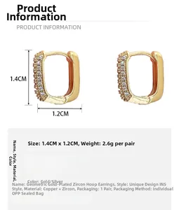 Detailed technical spec sheet for 1.4cm gold U-shape earrings with zircon inlay