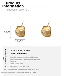 Detail view of gold-plated geometric C-shaped stud earrings showing 1.2cm x 0.9cm dimensions