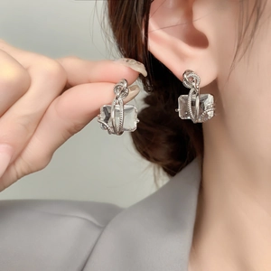 Vue macro de boucles d'oreilles en cristal avec cadre torsadé argenté et pierre rectangle